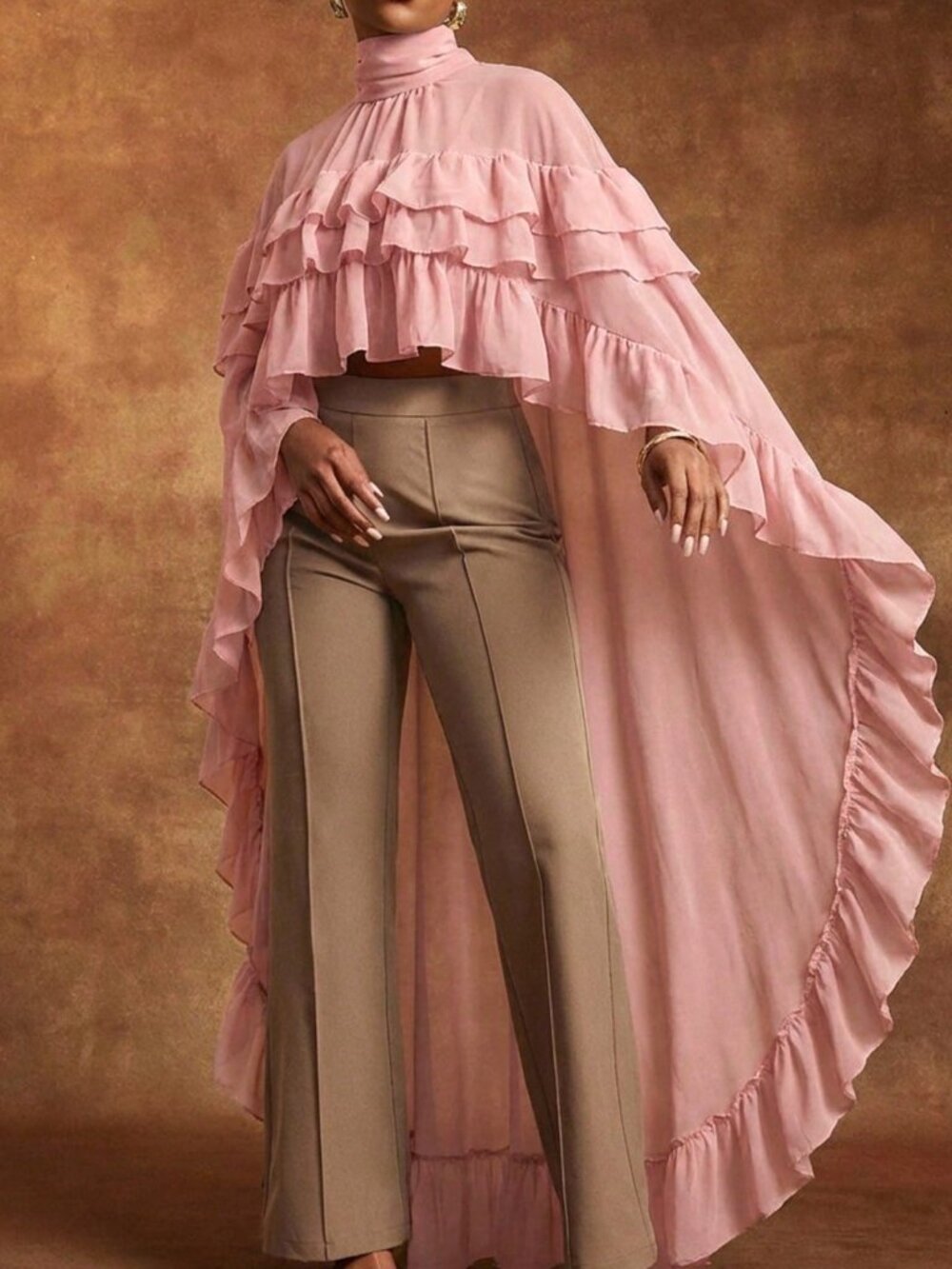Pink Casual Women's Sheer Chiffon Ruffle Tiered Loose High Neck Cape Top